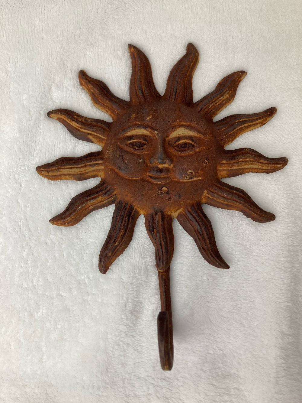 Rustic Wrought Iron Sun Face Decorative Hook 11” Garden